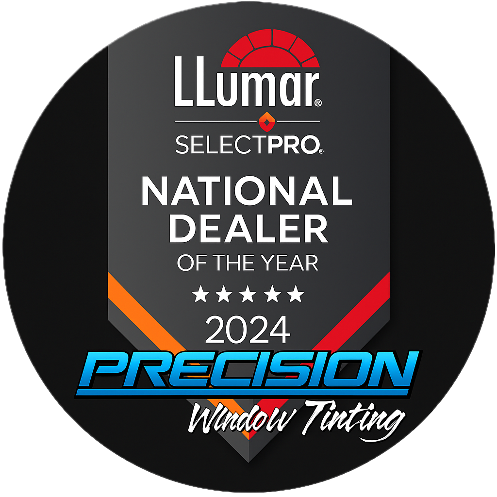 Precision Window Tint named 2024 LLumar SelectPro National Dealer of the Year, featured in a circular award badge graphic with company logo